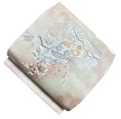 ユ109名古屋帯 刺繍　銀糸　花柄着物帯　仕立て上り