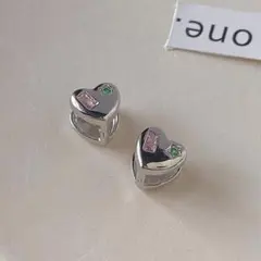 銅素材　カラフル ジルコニア　ハート　シンプル　フープ　ピアス シルバー