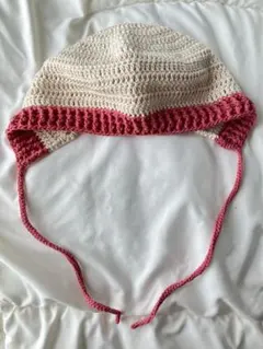 ベビーボンネット アイボリー ピンク かぎ針編み クロシェ コットン
