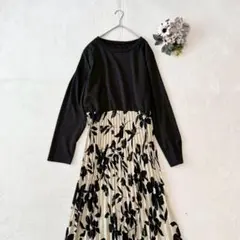 長袖ロングワンピース（4XL）花柄 大きいサイズ フレア プリーツ フェミニン