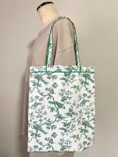 ハンドメイド フランス製コットン トートバッグ(緑パイピング)