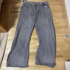 ダメージ加工 グレー ワイドレッグデニムパンツ ペイントデニム