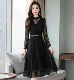 ドレス結婚式 お呼ばれドレス パーティードレス 大きいサイズ 総レース長袖二*