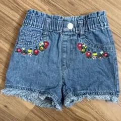 花柄刺繍 デニムショートパンツ ゴムウエスト