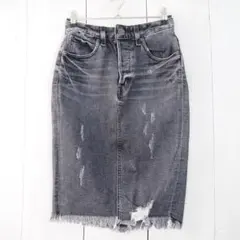 ★マウジー MOUSSY デニムUSED加工 膝丈タイトスカート(0)ブラック