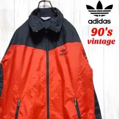 古着　美品　アディダスナイロンジャケット　ブラックレッド　刺繍ロゴ　Sサイズ