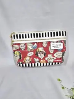 ハンドメイド　ダブルファスナー　クリア　ポーチ　フェイス柄　赤　レトロ