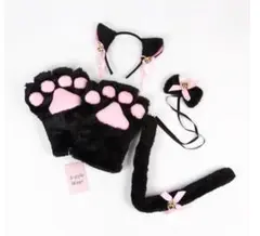 萌えねこアイテム4点セット 耳カチューシャ もこふわ肉球 しっぽ　黒ネコ　可愛い
