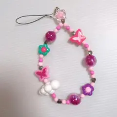 ビーズストラップ 蝶 ピンク 星 花