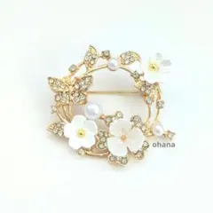 【F50】蝶とお花とイミテーションパールのサークルブローチ　桜　梅 入園　入学式