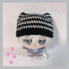 ちびぐるみ ぬい服 猫耳ボーダーニット帽 黒×グレー ハンドメイド 編み物