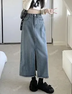 【SHEIN】Honeyspot 無地柄 スリット擦り付け柄ヘム デニムスカート