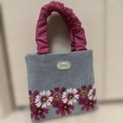 FEILER 花柄刺繍 ハンドバッグ グレー/ピンク