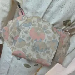 大人の兵児帯半幅帯ハンドメイド澪No2435着物リメイク紬花柄 ピンクとベージュ