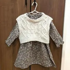 【プティマイン】花柄長袖ワンピース ニットベストset　110cm