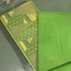 08 緑色 幾何学模様 半幅帯　美品　リバーシブル　浴衣　着物