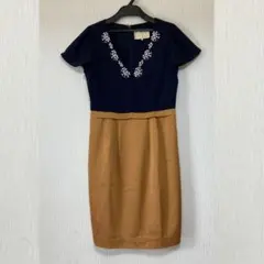 【美品】chesty チェスティ半袖ビジューワンピース　ネイビーキャメルベージュ