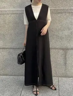 前後2WAY配色ステッチVネックジャンパースカート