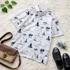 キャロウェイ ꕤ ポロシャツ 総柄 半袖 マリン柄 ホワイト M 刺繍ロゴ 速乾