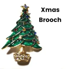 鮮やかな緑ときらきら光るラインストーンのクリスマスツリーブローチ　美品