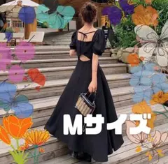 背中開き ロング ワンピース 黒 M 新品 パフスリ袖 韓国 かわいい