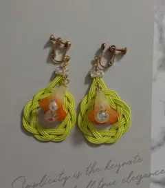 No.714 水引 イヤリング グリーン オレンジ ベルフラワー 鈴丸ビーズ