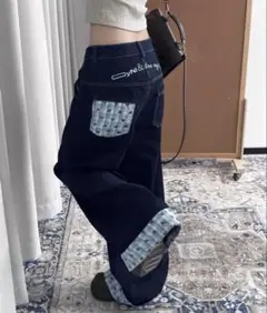 NANEA ワイドデニムパンツ チェック柄切替のサムネイル
