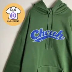 カレッジロゴ　パーカー　ワッペン　裏起毛　グリーン　シンプル　古着　ゆるダボのサムネイル