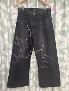 ブラック ワイドレッグ デニムパンツ L