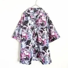 【美品】ディズニー ミッキー 総柄 アロハシャツ 花柄 開襟 半袖 紫 Lのサムネイル