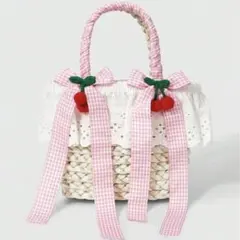 【完売品現品限り】チェリー＆ギンガムチェックリボン かごバッグ ラタン 収納