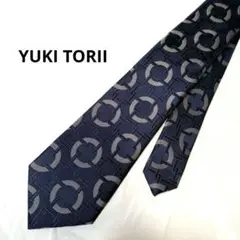 美品　ユキトリイ　ネイビー 幾何学模様 シルク　ネクタイのサムネイル