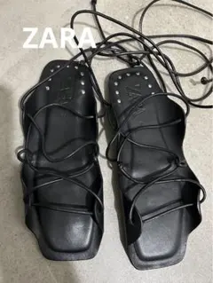ZARA レースアップ　サンダル　編み上げ　レザー　黒　フラットサンダル