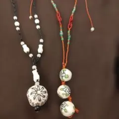 樹脂バラ花模様、翡翠天然石、組紐ネックレス2本セットハンドメイド