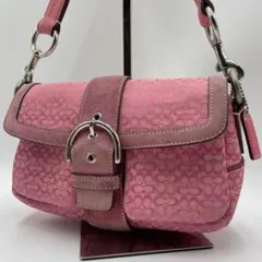 良品 COACH ショルダーバッグ キャンバス ピンク シグネチャー 肩掛け