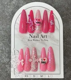 ピンクネイル クロス ハート ロングチップ フラッシュ ラメ 【現品のみ】