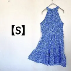✨️美品✨️【S】青い花柄ノースリーブミニワンピース バカンス