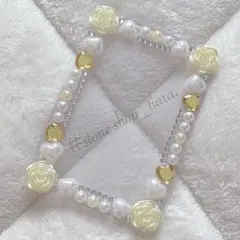 B8【薔薇＊ハート＊ビジュー＊パール】硬質ケース♡デコ♡イエロー・ホワイト系