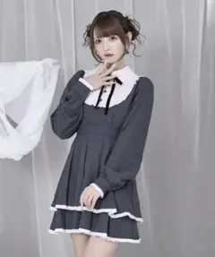 Honey Cinnamon ベロアリボン配色ヨークワンピース　ブラック