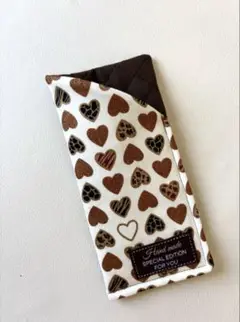 ハンドメイド　メガネケース　ブラウンハート　ヒョウ柄　白地