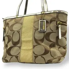 コーチ トートバッグ シグネチャー キャンバス レザー ベージュ ゴールド