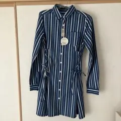 ゴルフウェア　ネイビー/ホワイトストライプ シャツワンピース S
