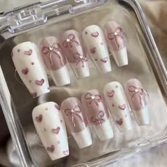 ネイルチップ　リボンネイル　ピンクネイル