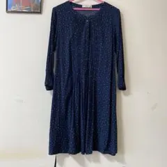 ネイビー ドット柄 長袖ワンピース