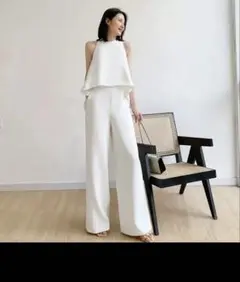 ホルターネックパンツドレス オールインワン ジャンプスーツ 白 レディース