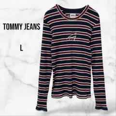 【TOMMY JEANS】長袖リブカットソー ボーダー(L)刺繍 総柄 細身 上