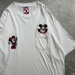 90年代 ディズニー ミッキー ミニー 刺繍 ポケット Tシャツ 白 USA製