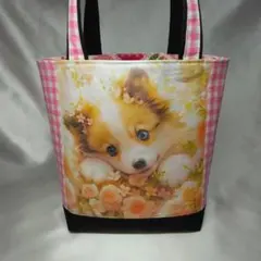 【セール】トート　ハンドメイド　子犬と花のデザイントートバッグ　パネル生地