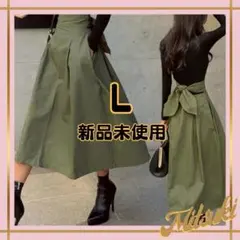 【韓国スタイル】バックリボン Aライン ロングスカート L 通勤 デート 緑 春
