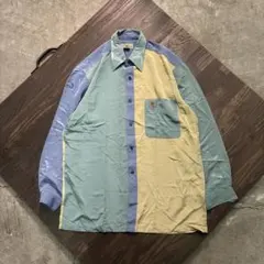 7BS2 ブロックカラー　パターンシャツ　光沢感　長袖シャツ　レトロ　古着